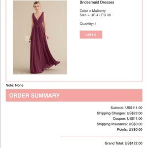 Size 4 Bridesmaid Dress. Worn once. Bought it for $122 at JJ’s house.